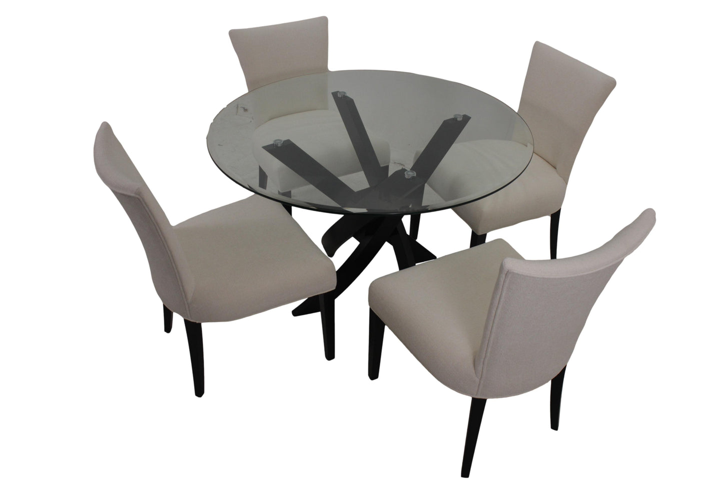 the Bermex 5 piece glass dining room is available in Edmonton at McElherans Furniture + Design