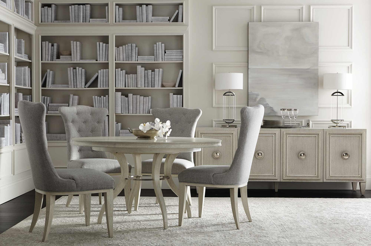 the Allure 6 piece round dining package is available in Edmonton at McElherans Furniture + Design