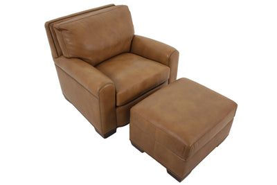 the Boulder leather chair & ottoman is available in Edmonton at McElherans Furniture + Design