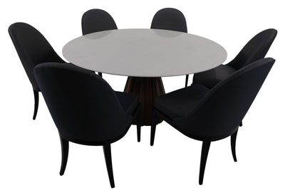 the 7 piece Marble Top Dining Package is available in Edmonton at McElherans Furniture + Design