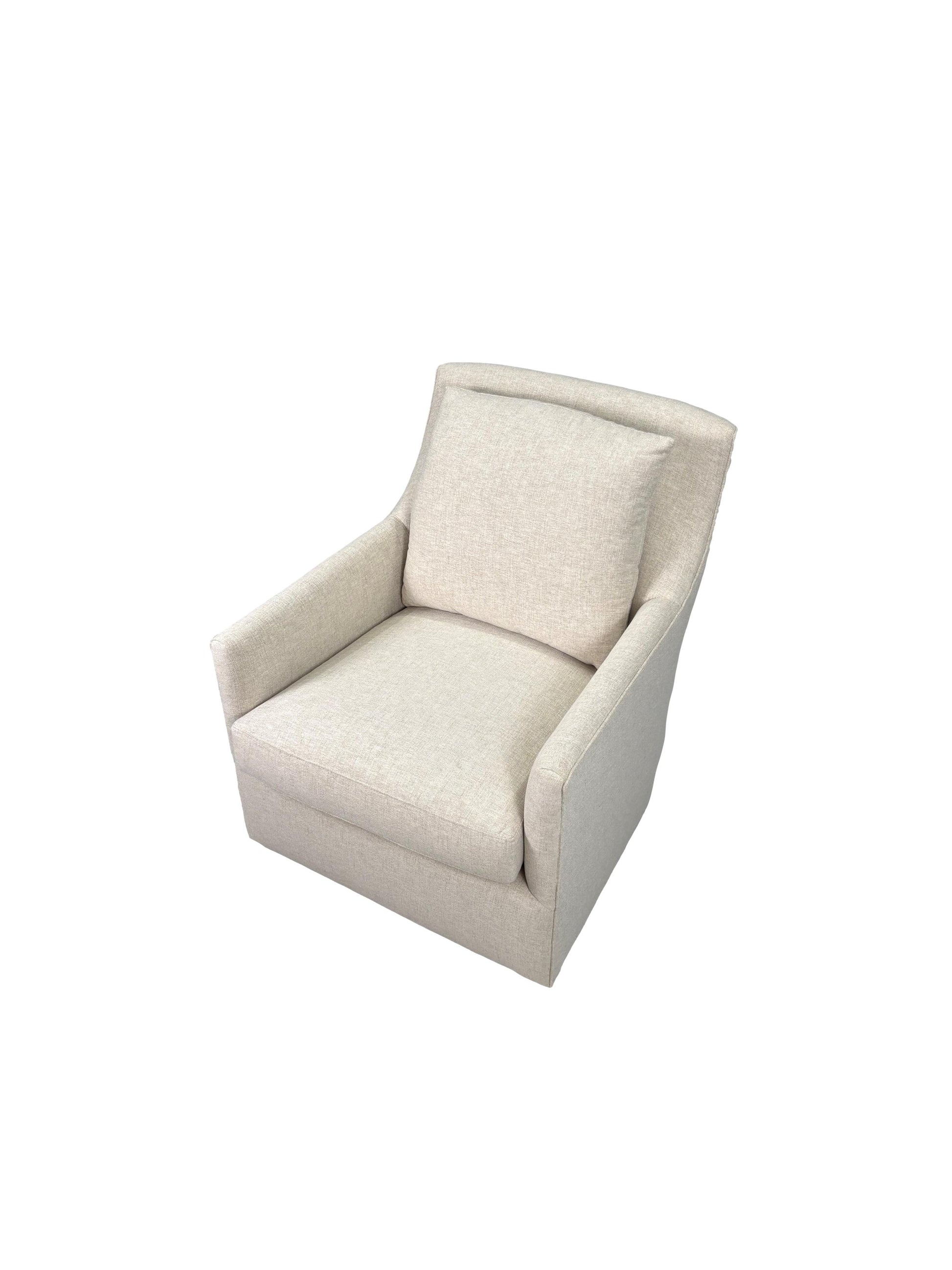 the HF Custom Roake living room upholstered swivel chair is available in Edmonton at McElherans Furniture + Design