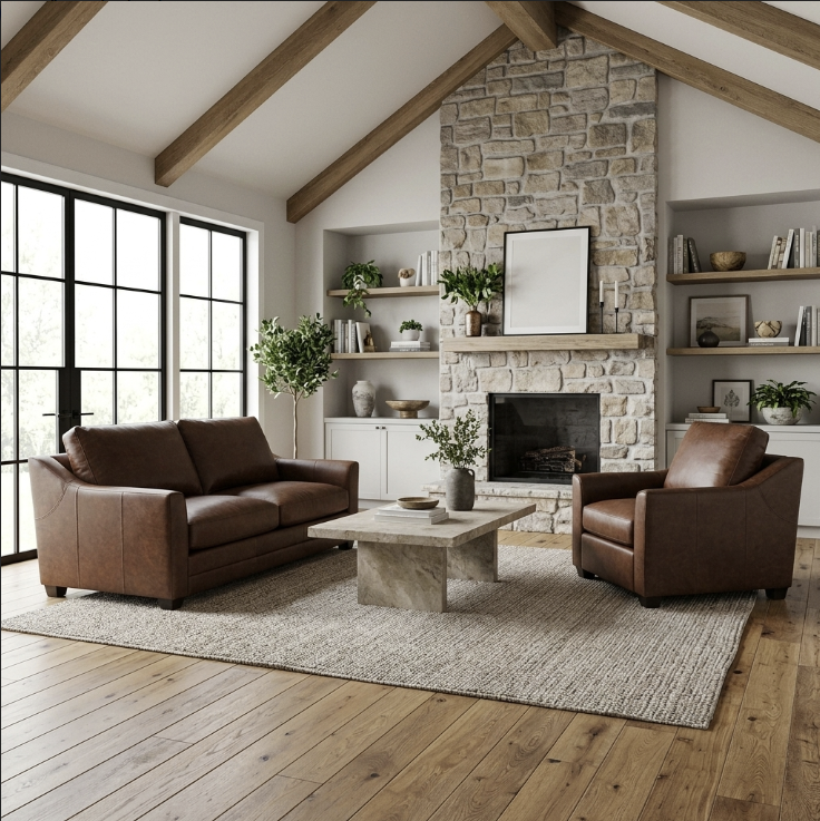 the Brentwood Gilbert living room leather chair is available in Edmonton at McElherans Furniture + Design