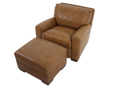 the Boulder leather chair & ottoman is available in Edmonton at McElherans Furniture + Design